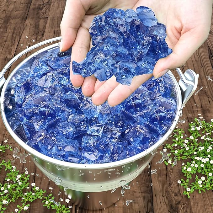 GRISUN Pacific Ocean Blue Fire Glass for Fire Pit, 20 Pounds 1/2 Inch Tempered Glass Rocks for Natural or Propane Fireplace, Safe for Outdoors and Indoors Firepit Glass