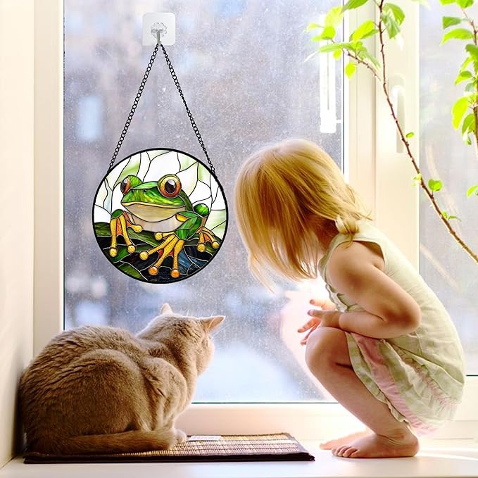 DASTOLL Stained Glass Window Hanging, Green Frog White Petals Sun Catchers Colorful Glass Panel Cute Suncatcher Decor for Birthday for Women, Men, Wife, Aunt, and Mom 6.3 in