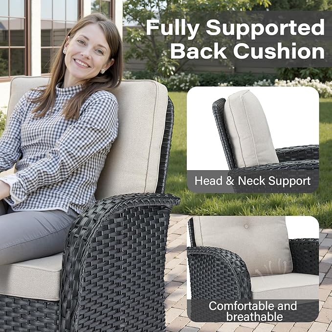 Belord 7-Piece Modern Black Wicker Patio Conversation Set - 4 Swivel Glider Chairs & 50,000 BTU Propane Fire Table