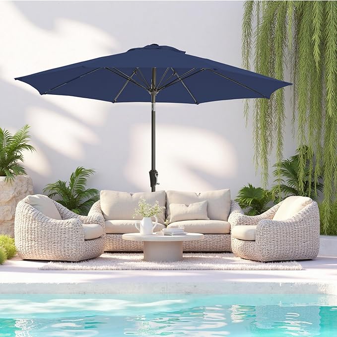 9FT Large Outdoor Patio Umbrella Market Table Umbrella-UV Resistant, Easy Push Button Tilt and Crank, 8 Sturdy Ribs Heavy-Duty Pool Umbrella for Deck, Backyard,Garden,Navy