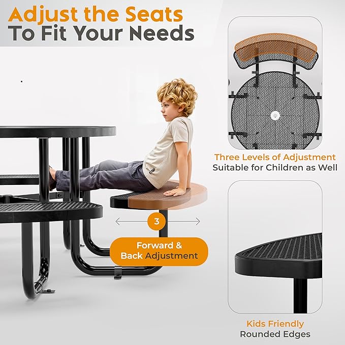 Metal Picnic Tables for Outdoors with Umbrella Hole - Coated Steel Heavy Duty Commercial Grade Furniture Set with Adjustable Seats (Black, 46 in, Round, Expanded Steel)