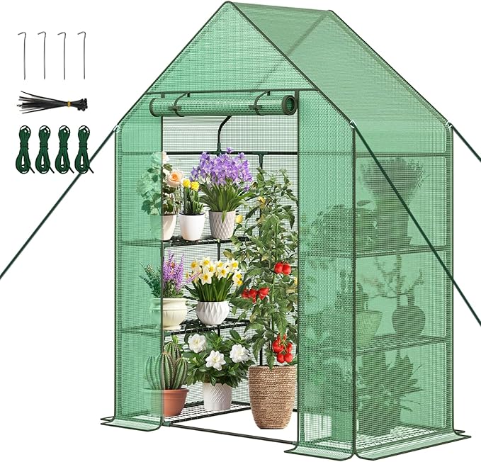Greenhouse, 56×28×76" Walk in Greenhouse, Portable Green House for Outdoors with Thicken PE Cover, 3 Tiers 8 Shelves for Plants, Flowers, Seedling (Green, 56x28x76 inch)