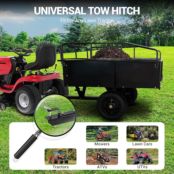 Heavy Duty ATV Trailer Steel Dump Cart, 750 Lbs 15 Cubic Feet Garden Trailer Pull Behind with Removable Sides & All Terrain Tires for Lawn Mower, ATV & Yard Work