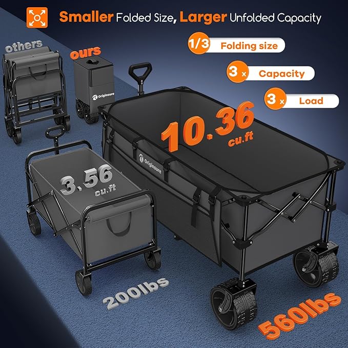 48" L Collapsible Wagon Cart Foldable, 560lbs Weight Capacity 300L Heavy Duty Folding Beach Wagons with Big All-Terrain Wheels, Utility Carts for Groceries, Shopping, Camping, Sports - Grey