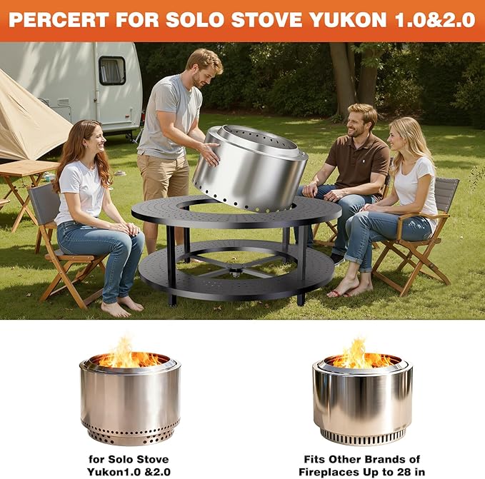 Fire Pit Surround Tabletop for Solo Stove Yukon 1.0 & 2.0, 48" Fire Pit Surround Tabletop with Wood Storage Shelf, Powder-Coated Steel Surround Tabletop with Extra Space with Raised Stand