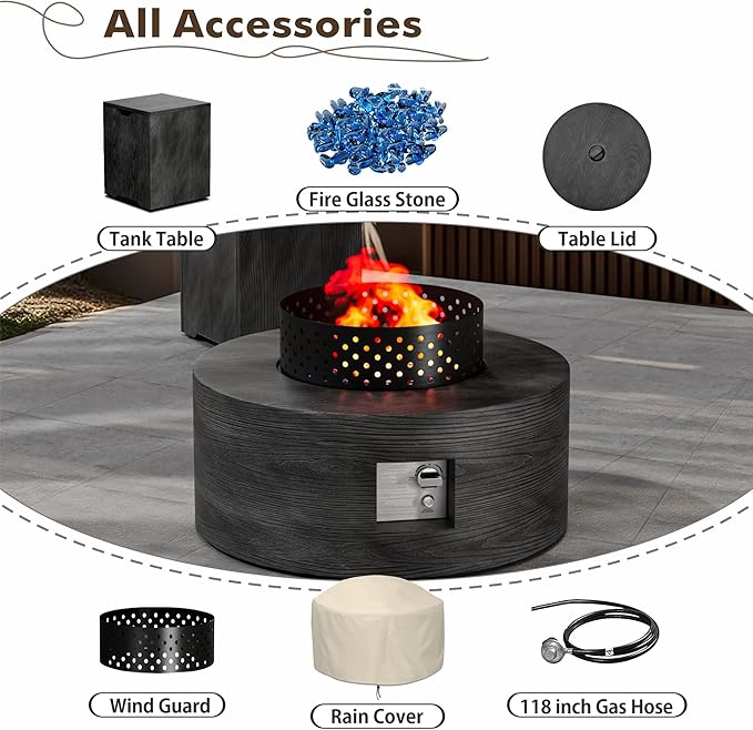 30" Round Propane Fire Pit Table - 50K BTU with Lid, Rocks Tank Storage and Cover - Round Gas Fire Pits for Outside Patio - Outdoor Table with Firepit (Charred Oak, 30" Round)