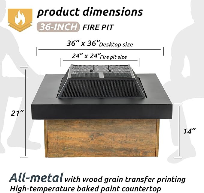 36" Firepits for Outside，Wood Burning Fire Pit with Wood-Grain Side Panels,Firepit for Outside with Mesh Cover & Fire Poker,Square Modern Outdoor Fireplace Fire Table.