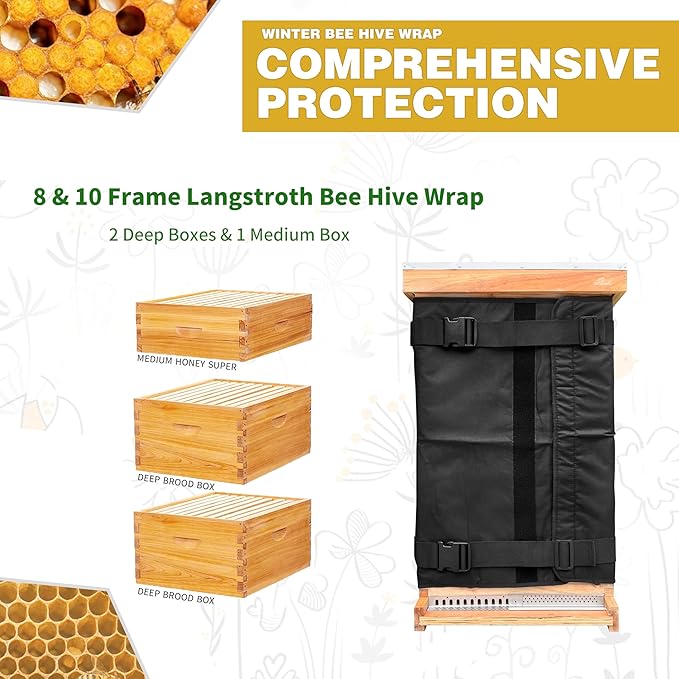 Winter Bee Hive Wrap for 8 and 10 Frame Hives, Adjustable Beehive Wrap Beekeeping Supplies, 600D Oxford Insulated Cover, Waterproof, Windproof, Lightweight, Eco-Friendly, Reusable, 75.98" x 23.6"