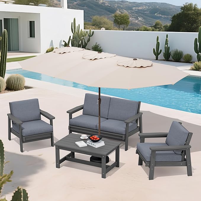 SERWALL HDPE Patio Furniture Set with 15FT Double Side Patio Umbrella, All Weather Wood-Like Outdoor Sofa Sectional Couch, Grey Patio Furniture with Grey Cushions