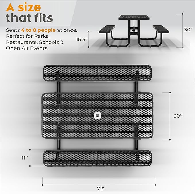 Commercial Heavy-Duty Metal Picnic Table - ADA Compliant, Adjustable Seats, Umbrella Hole, Expanded Metal (Black, 6' Rectangular)