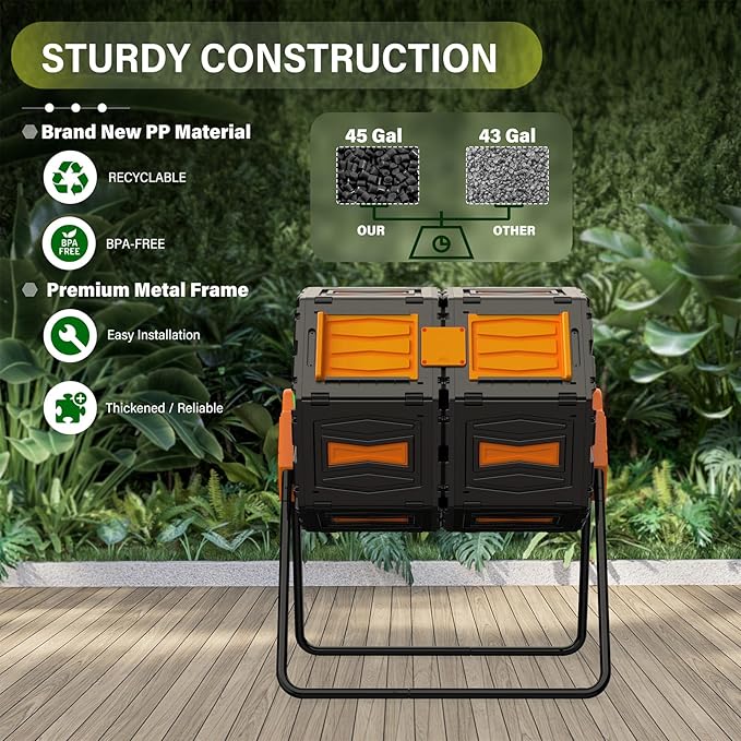AACULPET Compost Bin Outdoor 45 Gallon, BPA-Free Dual Chamber Rotating Composter for Kitchen Waste, Heavy-Duty Fast Compost Tumbler Great Sustainable Gift for Winter Garden Yard & Spring Ready Soil