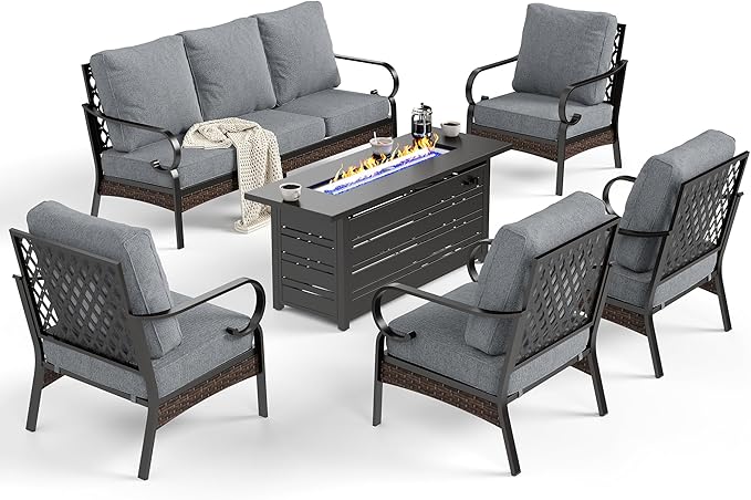 SUNSHINE VALLEY 6 Piece Black Metal Outdoor Patio Furniture Sets with Firepit Table, Patio Conversation Sets 1 3-Seater Sofa, 4 Single Sofa with 5.75" Extra Cushion Backyard Furniture for Deck, Gray