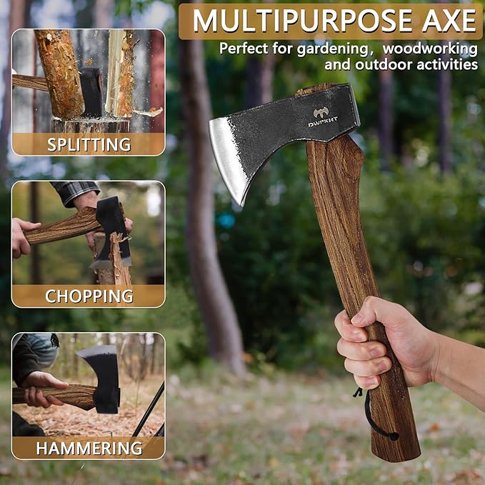 15.7" Hatchet Axe, Camping Hatchet, Hand-Forged Axe with Sheath for Wood Chopping, Splitting, and Carving, Bushcraft Axe with Beech Handle for Outdoor Survival and Garden Work
