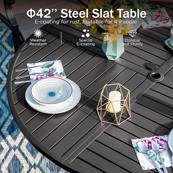 PHI VILLA Outdoor Round Dining Table for 4, 42" Large Metal Wrought Iron Table with Umbrella Hole, All Weather Dining Furniture for Patio, Deck, Yard, Porch - Black