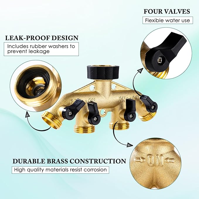 Dalmbox Garden Hose Splitter 4 Way, Water Hose Splitter, 3/4" Heavy-Duty Brass Garden Hose Splitter, Includes 5 Rubber Washers & Teflon Tape(1 pack)