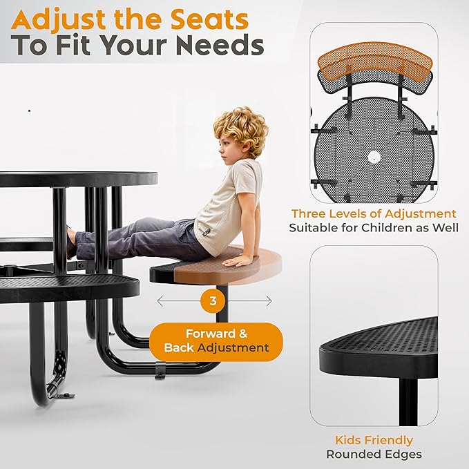 Metal Picnic Tables for Outdoors with Umbrella Hole - Coated Steel Heavy Duty Commercial Grade Furniture Set with Adjustable Seats (Black, 46 in, Round, Punched Steel)