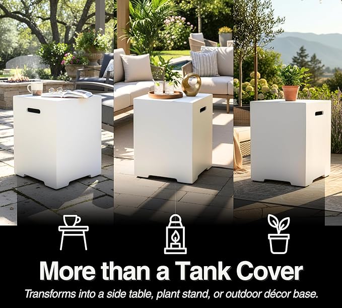 16-Inch Propane Tank Cover,20 LB Outdoor Tank Storage Hideaway Side Table for Gas Fire Pits,Light Concrete Tank Holder,White