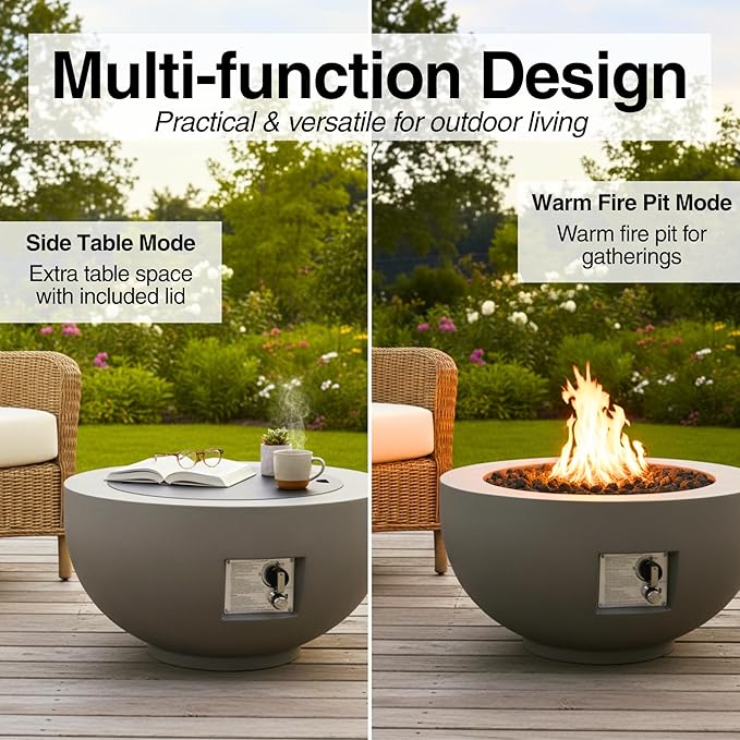 28-inch Round Fire Pit Table with Propane Tank Table,Set-2-Piece,Light Concrete Fire Pit Bowl with Free Lava Rocks, Rain Cover and Burner Lid, for Outside Patio, Garden, Deck, Light Grey