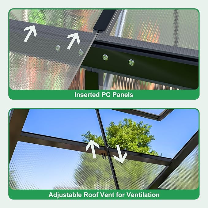 WKM 10x16 FT Greenhouse for Outdoors, Polycarbonate Greenhouse with Roof Vent and Quick Setup Structure, Enhanced Aluminum Green House for Garden Backyard, Black