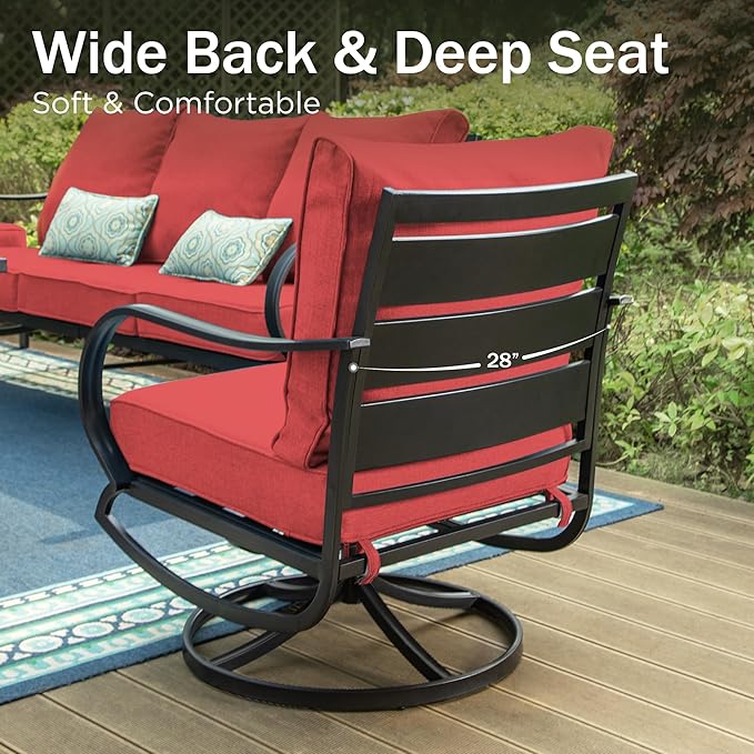 PHI VILLA 5 Piece Patio Furniture Set with 28" Firepit Table, 4 Outdoor 5.75" Cushioned Metal Frame Swivel Sofa Chairs & 28" Gas Firepit Table, Outside Furniture Set for Lawn Garden(Red)
