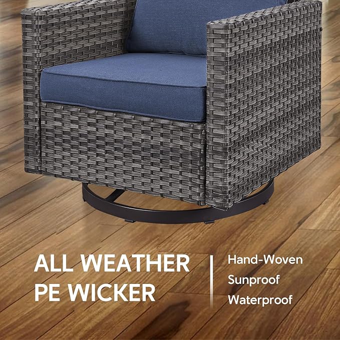 Outdoor Swivel Rocker Chairs - 5 Piece Patio Bistro Set Wicker Patio Rocking Chairs Set with Side Table and Ottomans, 360° Swivel Glider Proch Furniture for Balcony Deck - Grey/Blue