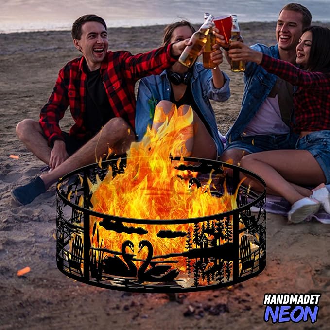 Personalized Camping At The Lake House Fire Pit Ring 360 Degree, Custom Name Metal Outdoor Campfire Pits, Wood Burning, Fireplace, Firepit, Bonfire, BBQ Garden Decor, Gift For Family