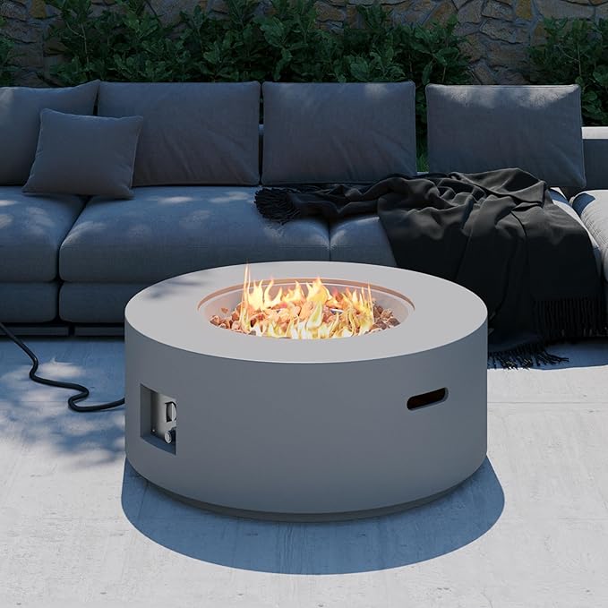 32 inch Round Propane Fire Table, 50,000 BTU Gas FirePit, Patio Fire Pit Table with Steel Lid, Rain Cover, 10ft Propane Hose, Lava Rocks, Grey