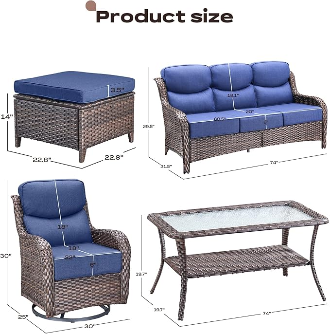 Rilyson Wicker Outdoor Patio Furniture Set - 8 Piece Patio Conversation Sets with Swivel Rocker Chairs, Ottomans, Sofa and Table, 6 inch Cushions, Deep Seating, for Porch Deck Brown/Blue