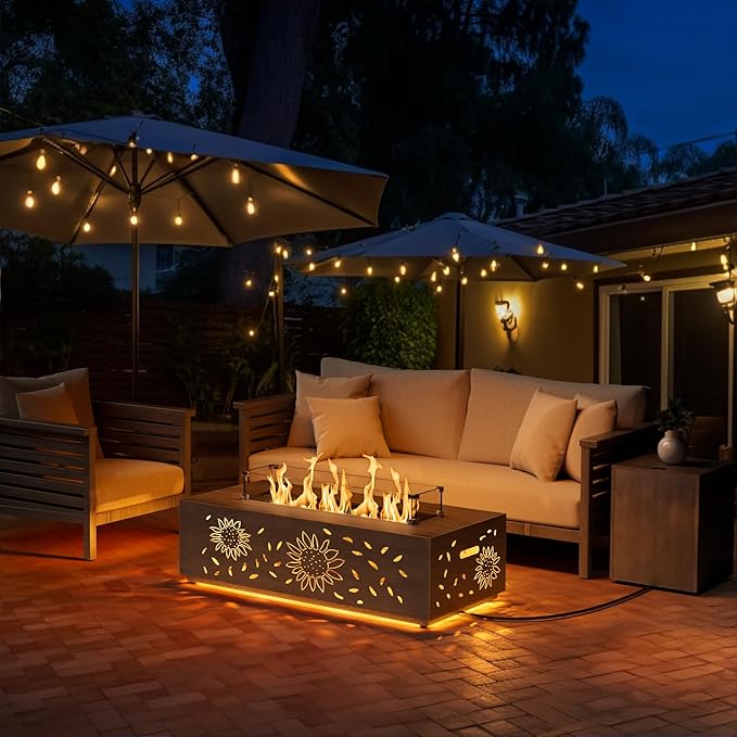 Dineli 2-Piece Outdoor Propane Fire Pit Table Set w Tank Table 42'' Rectangular Gas Fire Pits for Outside Patio Fire Table w LED, 50,000 BTU (Gray, Sunflower Pattern with Warmlight)