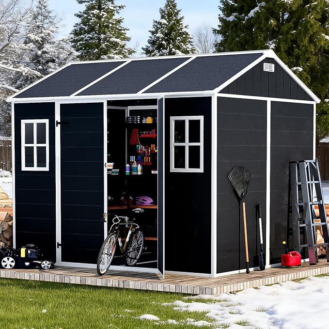 Outdoor Storage Shed 7.5x7 FT, Resin Shed with Floor & Window, Lockable Door, Vents, Outside Sheds & Garden Shed for Patio Furniture, Gardening Tools, Pool Equipment (Dark Gray, 7.5x7ft)