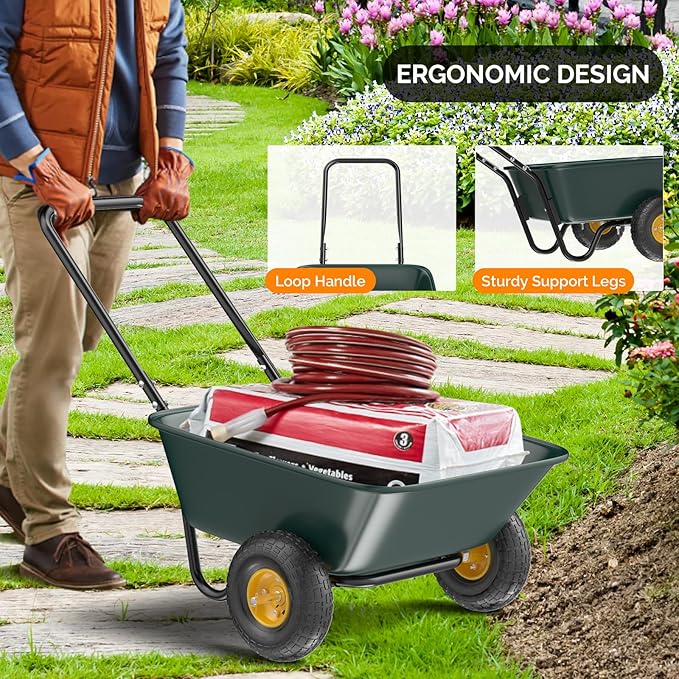 VINGLI 2 Wheel Wheelbarrow, Plastic and Steel Wheel Barrel, 300lbs Capacity Garden Cart for Lawn, Gardening, Construction