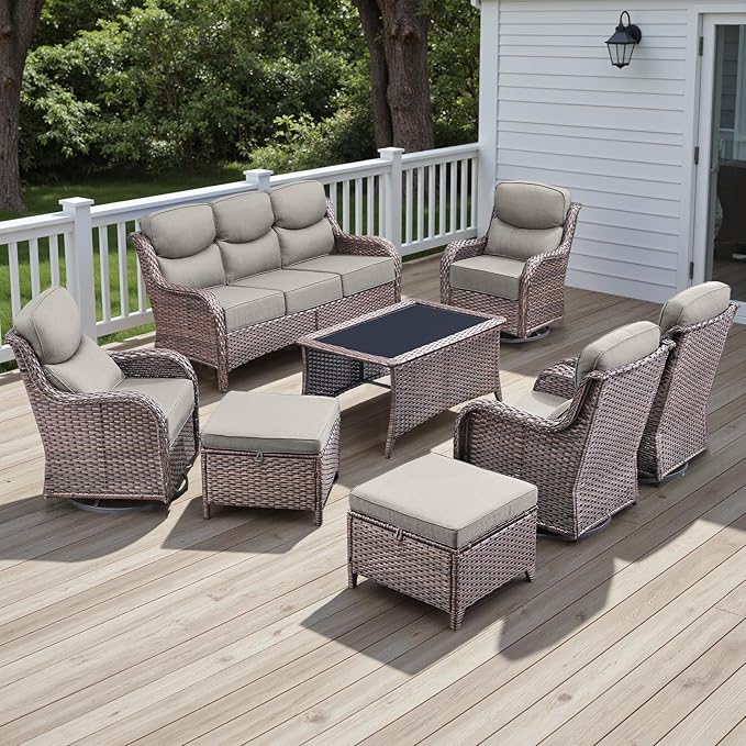 Rilyson Wicker Outdoor Patio Furniture Set - 8 Piece Patio Conversation Sets with Swivel Rocker Chairs, Ottomans, Sofa and Coffee Table, 6 inch Cushions, Deep Seating, for Porch Deck Brown/Beige