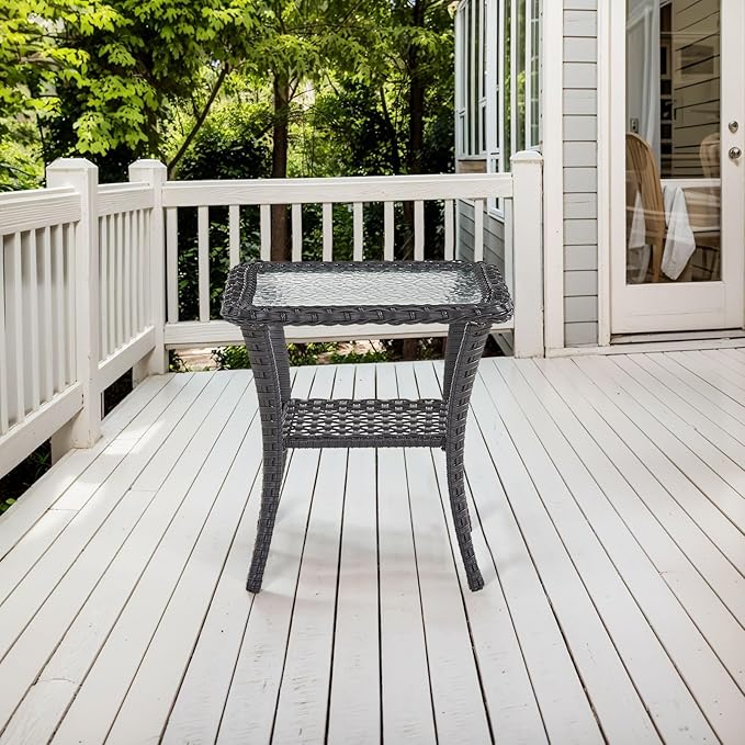 Belord Handwoven Wicker Side Table - 20 Inch Small Outdoor Table 2 Tier Storage with Tempered Glass Top, All Weather Outdoor Patio End Tables for Deck Balcony Outside Black