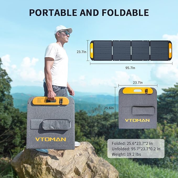 VTOMAN VS200 Portable Solar Panel for Power Station, 200W 19V Foldable Solar Panel w/Supporting Stand, High 23% Efficiency IP67 Waterproof Solar Panel Kit for Backyard Trip Off Grid System