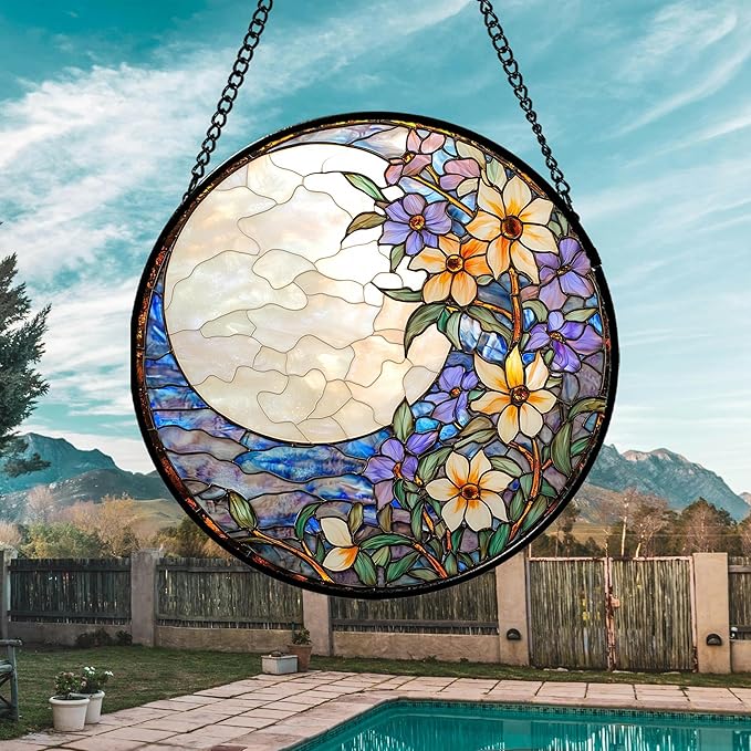 JOSUMALY Stained Glass Window Hanging - White Purple Moon Flowers Suncatcher for Door Terrace Garden Home Decor Landscape Sun Catcher Birthday Gifts for Lovers Women Men Dad Mom Nana 15 in