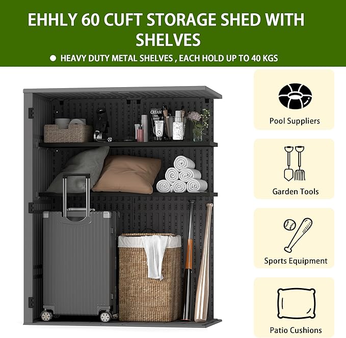 EHHLY Vertical Resin Storage Shed, 60 Cuft Garden Tool Sheds & Outdoor Storage, Plastic Outdoor Storage Cabinet Waterproof, 4.5 x 2.3 ft Backyard Outside Lawn Mower Storage Shed, Grey