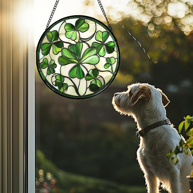CRISGIF Stained Glass Window Hanging - Ireland Green Lucky Clover Suncatcher for Doors Garden St. Patrick's Day Sun Catchers Decor Mother's Day Birthday for Women Men Mom Nana 9.8 in