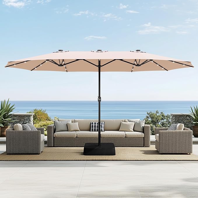 Sophia & William 15 ft Extra Large Patio Umbrella with Solar Lights, Rectangular Outdoor Umbrella with Base Included, Market Umbrella Double-sided Heavy Duty for Pool Garden Backyard, Beige