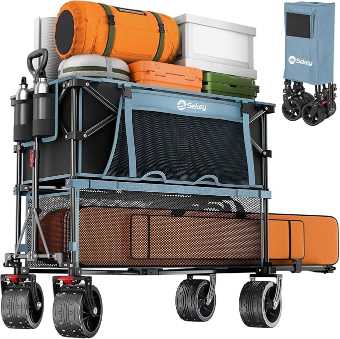400L Large Capacity Folding Double Decker Wagon with Brakes, 48" Extra Long Extender Cart, 500lbs Heavy Duty Collapsible Wagons, All-Terrain Big Wheels for Camping, Sports, Shopping. Blue