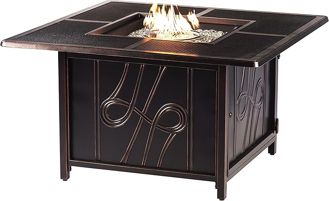 Oakland Living Black Aluminum Patio Fire Table Set with Two Deep Seating Loveseat with Cushions and Two Club Chairs with Light Grey Cushions