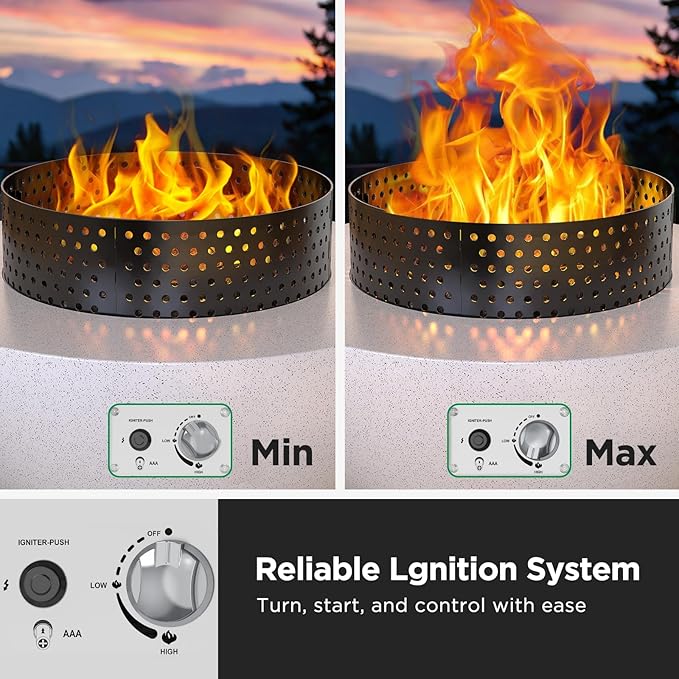 Ciays 29″ Propane Fire Pit Table with Windproof Guard, 50000 BTU Fire Pit Table, CSA-Certified, Outdoor fire Table with Durable Terrazzo Coating/Lava Rocks/4 Stable Adjustable Legs, Garden, White
