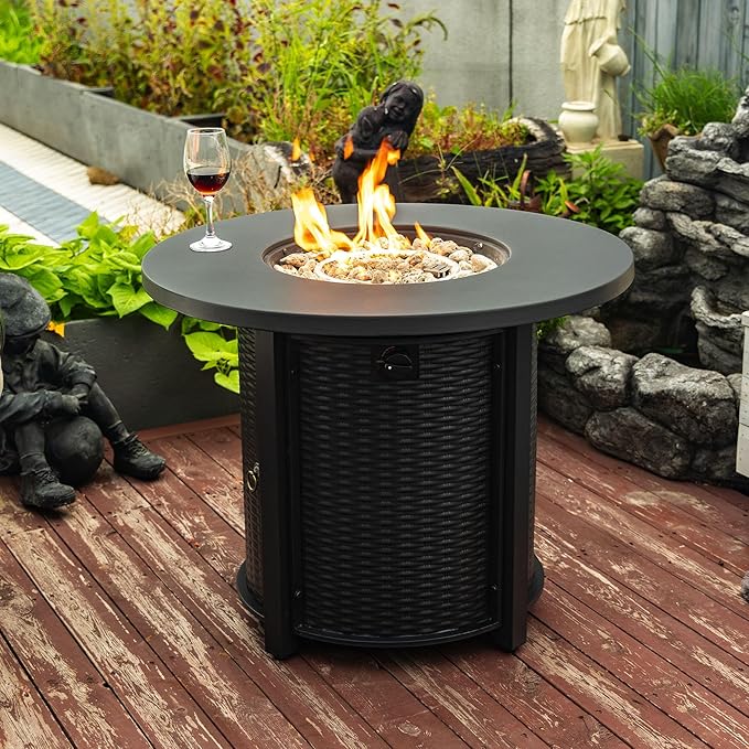 GDFStudio 32" Round Propane Fire Pit Table, 50000 BTU Outdoor Gas Heater with Steel Top & Wicker-Style Base, for Patio Deck Garden Backyard, Black