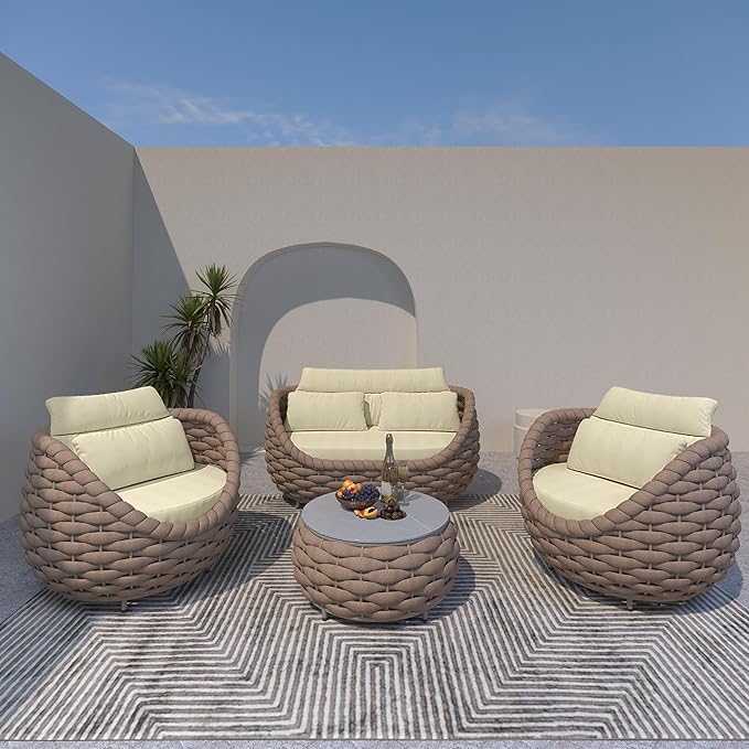TWT 5 Pieces Patio Furniture Set, Outdoor Rope Conversation Sectional Patio Sofa with 5 Seater for Backyard, Porch, Modern Armchairs with Thickness Cushions and Side Table, Light Brown