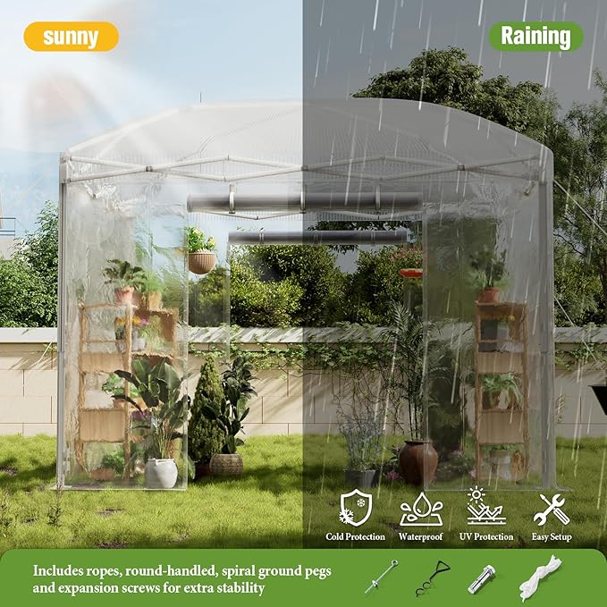 AMERLIFE 10×10×8.5 FT Pop-up Greenhouses for Outdoors Indoor with Adjustable Sturdy Frame, Portable Walk in Greenhouse with 2 Roll-up Zipper Doors, Windows and PE Cover, White
