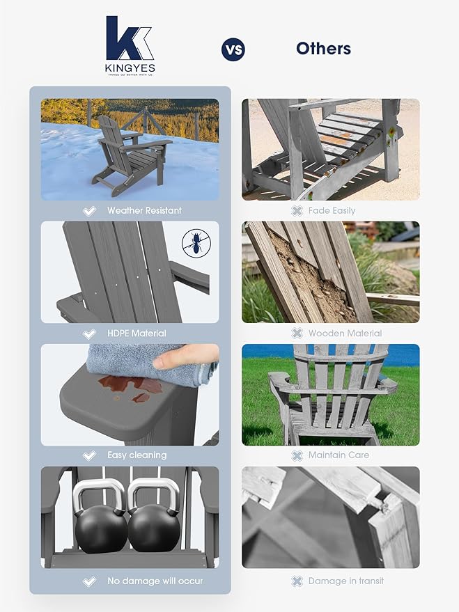 KINGYES Folding Adirondack Chair Set of 8, Dual Cup Holders & All-Weather HDPE, Wood-Like Patio Chair for Backyard, Camping, Pool & Fire Pit, Grey