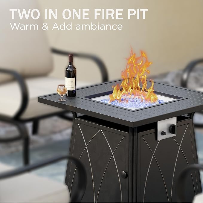PHI VILLA 5 Piece Patio Furniture Set with 28" Firepit Table, 4 Outdoor 5.75" Cushioned Metal Frame Swivel Sofa Chairs & 28" Gas Firepit Table, Outside Furniture Set for Lawn Garden(Beige)