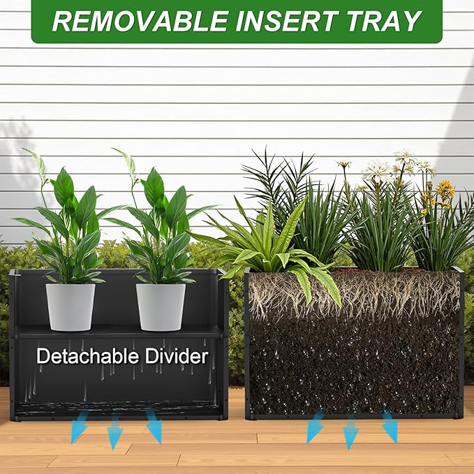Metal Tall Rectangular Planter Box 36" L x 15" W x 24" H,Large Tall Black Planters for Outdoor Plants with Removable Insert Shelf for Porch, Garden, Patio, Yard