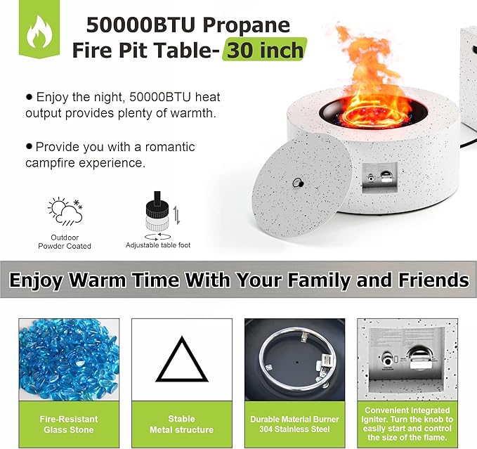 Dineli 2-Piece Outdoor Propane Fire Pit Table Set w Tank Table 30'' Round Fire Pit Table 2-in-1 Firepit Table for Outside Patio Gas Fire Pit Fireplace, 50,000 BTU, Speckled White ﻿