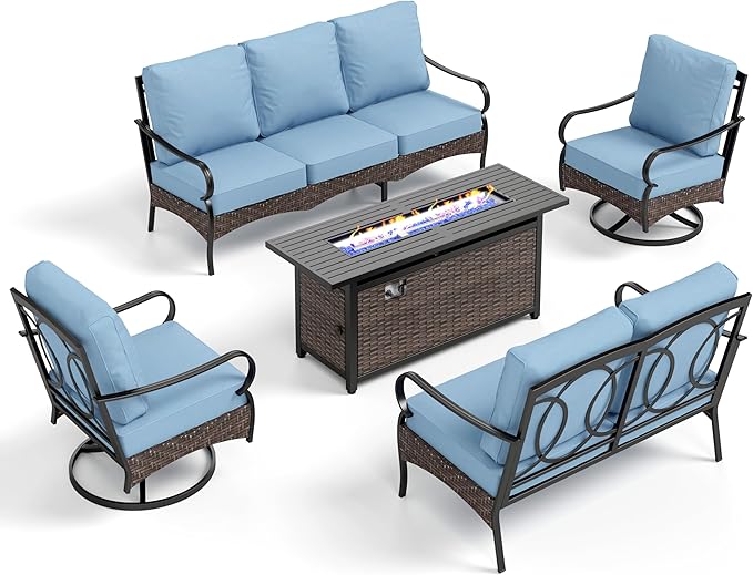 PHI VILLA Patio Furniture Set with 56" Fire Pit Table, Premium Outdoor Wicker Metal Frame Furniture with Upgraded Waterproof Thick Cushions for Porch, Poolside, Deck, and Yard （5 Pieces, Blue