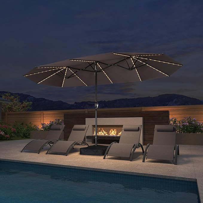 PURPLE LEAF 14ft Patio Market Umbrella with Solar LED and Base Double-Sided Rectangle Outdoor Table Sun Umbrellas with Crank for Pool Beach Deck Backyard Gray